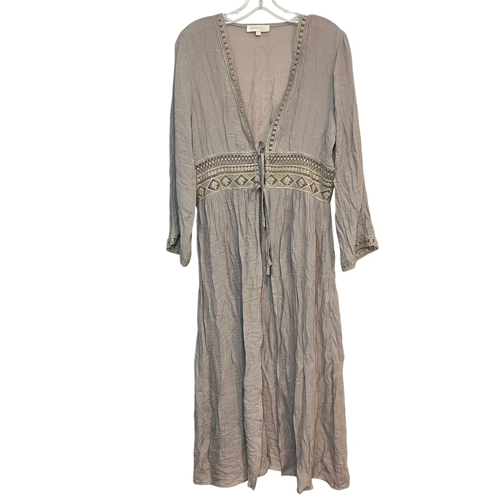 Boho Rebellion Again‎ Duster Taupe Crochet Lace Trim Cardigan Cover Up Large